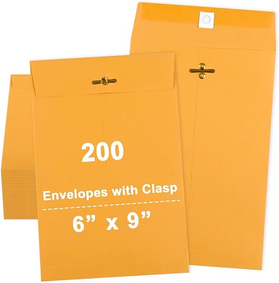 gisgfim 200 Pcs 6 x 9 inch Clasp Manilla Envelopes with Gummed Seal, Small Mailing Envelope with Clasps Closure 28 lb Kraft Paper Yellow Folders for Storing or Mailing Business Document Office