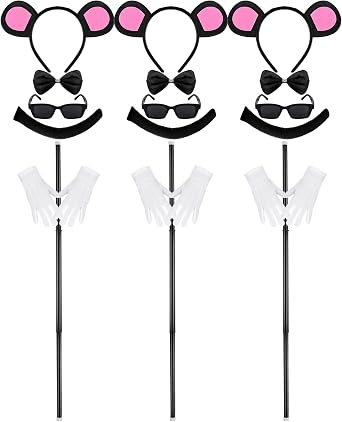 Neer 18 Pcs Halloween Mouse Costume Accessories Headband Bow Tie Choker Ears Dark Sunglasses Black Cane and Mouse Tail