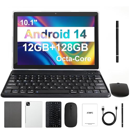 Newest Android 14 Tablet, 10 Inch Tablet 12GB 48 Expand RAM 128GB ROM, 1TB Expandable, Octa-Core 2 in 1 Tablet with Keyboard, Mouse, Stylus, Support WiFi 6, BT5.4, Dual Camera