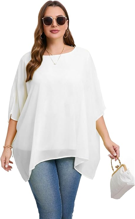 Womens 3/4 Batwing Sleeve Plus Size Elegant Summer Cape Blouse Scoop Neck Oversized Long Casual Tunic Tops Shirts