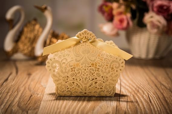 Lucky Star 50x Champagne Gold Laser Cut Wedding Favor Boxes Candy Birthday Party Baby Shower Chocolate Gift
