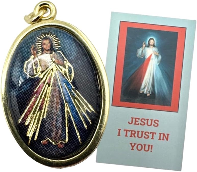 Westmon Works Divine Mercy Medal Set Italian Metal and Enamel Pendant with Saint Faustina Made in the USA Holy Card Prayer to Jesus I Trust In You Prayer