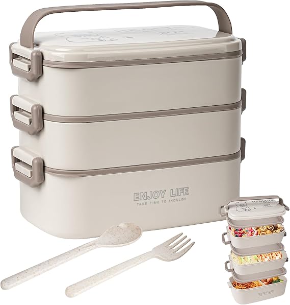 2700ml 3 Layer Bento Box with Fork & Spoon, 4-in-1 Lunch Box for Adults, Meal Prep Container Food Storage Box for Men Women Student School Office, Microwave Dishwasher Safe Available (Khaki)