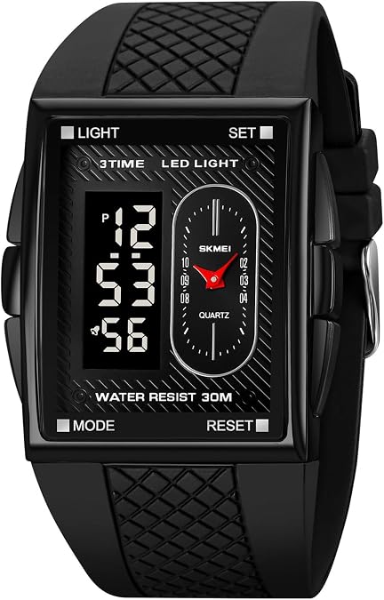 Gosasa Fashion Men's Digital Analog Watches Square Face Sport Casual Dual Display Multifunctional Wristwatch for Men with Alarm Waterproof LED Luminous