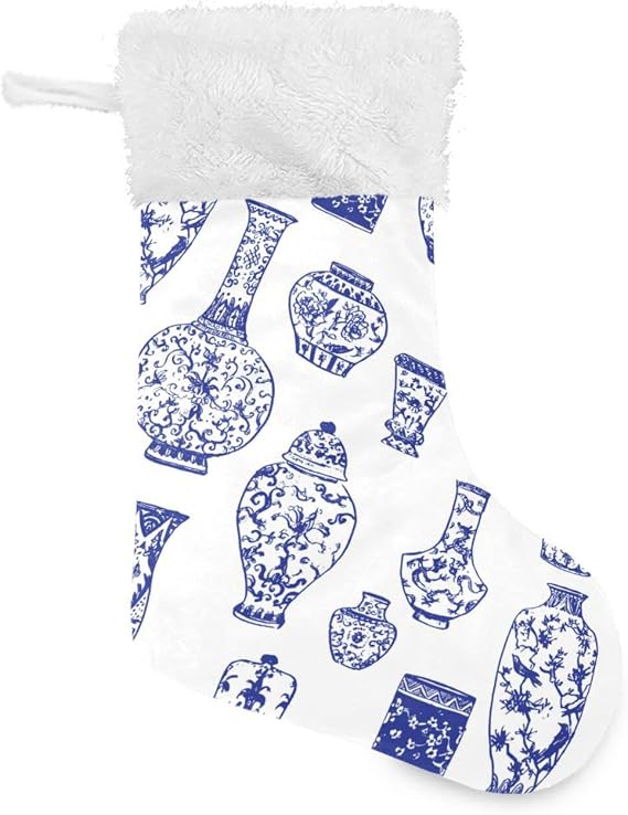 Oyihfvs Vintage Blue Ink Chinese Vases in Chinese Style on White Christmas Stockings, 1 PCs Large Faux Fur Cuff Gift Stockings Decorations for Xmas Party Home Family Stairs Holiday 12" x18"