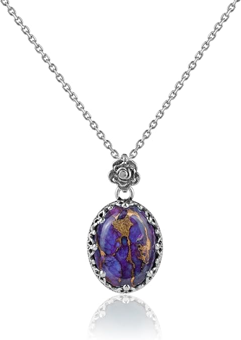 Filigranist 925 Sterling Silver Filigree Art Women Crown Oval Pendant Necklace with Gemstones