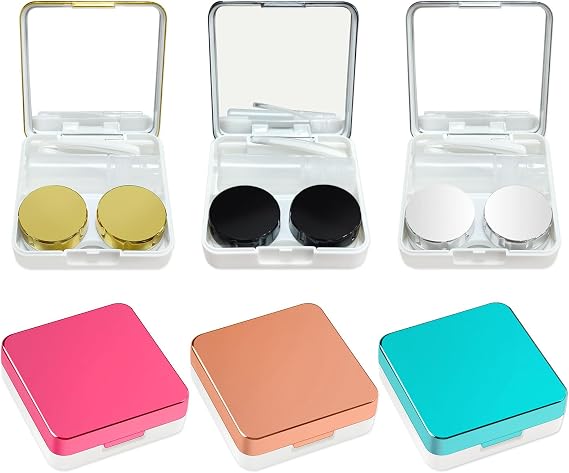 6 Pack Mirrored Surface Contact Lens Case, Travel Eye Contact Case Holder with Mirror, Remover Tool, Tweezers & Solution Bottle, Portable Lens Container Storage for Outdoor Daily