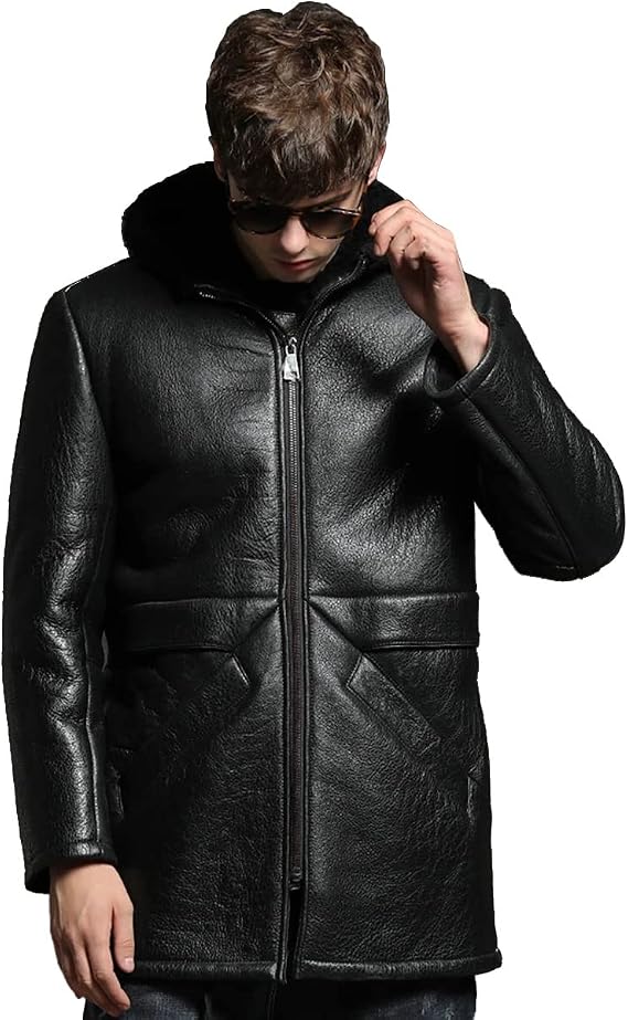 Men's Real Lambskin Sherpa Faux Fur Lined Winter Warm Hooded Mid- Length Leather Trench Coat (US, Alpha, XX-Large, Regular, Regular, A27- Black Hoodie Faux Fur Shearling Leather Coat)