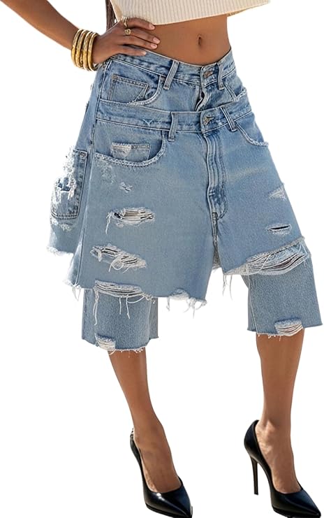 Womens Baggy Capri Jeans Ripped Wide Leg Patchwork Denim Pants | Y2K Jeans and Cropped Jeans Style with Streetwear Fashion, Womens Casual Denim Outfits for Everyday Looks