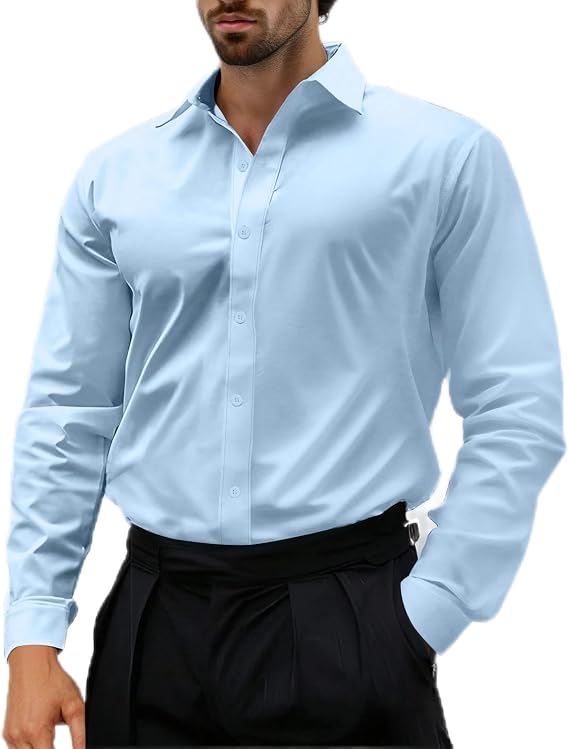 Button Down Shirt Men Regular Fit Business Casual Dress Shirts Solid Long Sleeve Stretch Wrinkle-Free Formal Shirts