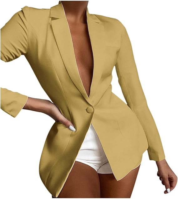 Women Blazers Long Sleeve Lapel Double Solid Printed Jacket Autumn Spring Button Work Office Blazer Suit Outwear Khaki-7#, L