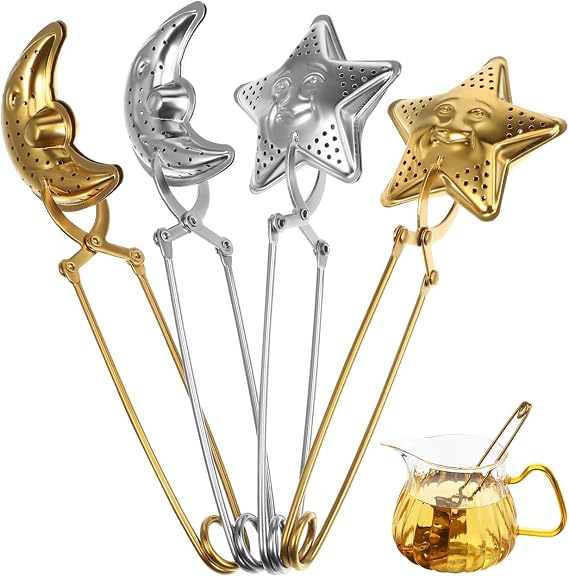 Garneck 4 Pcs Tea Infuser Spoon Set: Loose Leaf Strainer Stainless Steel Snap Ball Steeper with Moon Star Shape for Teapot Cup Mug Office Home Restaurants Gift for Tea Lovers