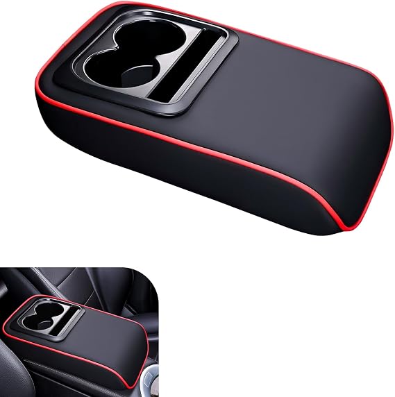 Car Middle Center Console Cover, 2-in-1 Multi-Function Armrest Cover with 2 Cup Holder Storage, Leather Comfort Soft Armrest Pads, Universal for Most Cars (Red)