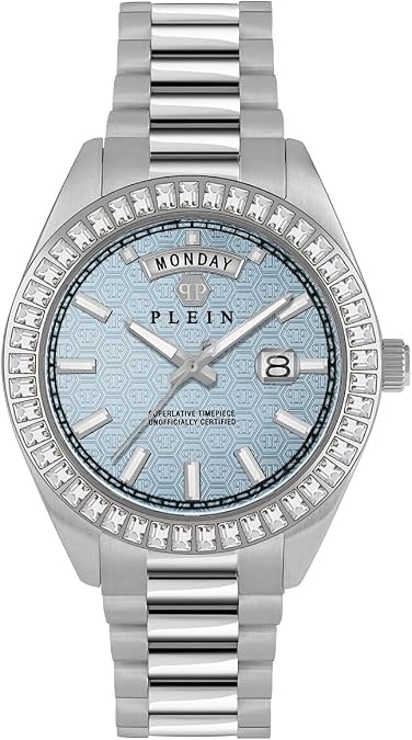 Philipp Plein Date Superlative Collection Luxury Mens Watch Timepieces with a Silver Bracelet Featuring a Stainless Steel Case and a Blue Dial