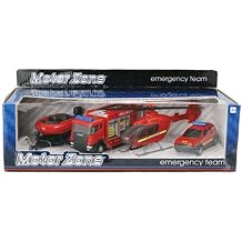 MOTOR ZONE from Peterkin | Fire & Rescue Emergency Team Toy Vehicles | 4-piece free wheeling set including Fire Engine, Car, Helicopter and Rescue Boat | 1:48 Scale | Diecast Vehicles | Ages 3+