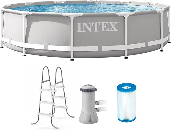 INTEX Prism Frame 12ft x 30in Round Above Ground Swimming Pool Set Bundle | 26711EH - 530 GPH Cartridge Filter Pump and Steel Frame Pool Ladder Included