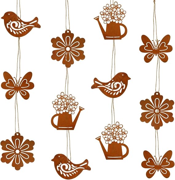 Pack of 12 Spring Decoration Hanging Decoration Easter Garden Decoration Rust Easter Metal Butterfly Bird Flowers Watering Can Decoration Hanging Easter Decoration Rust Outdoor with Rope Hanging Decoration Set for Windows Outdoors Garden