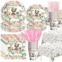 APOWBLS Woodland Baby Shower Decorations Girl Tableware - Creatures Animal Theme Woodland Birthday Party Supplies, Paper Plate, Cup, Napkin, Tablecloth, Disposable Cutlery, Straw | Serves 24