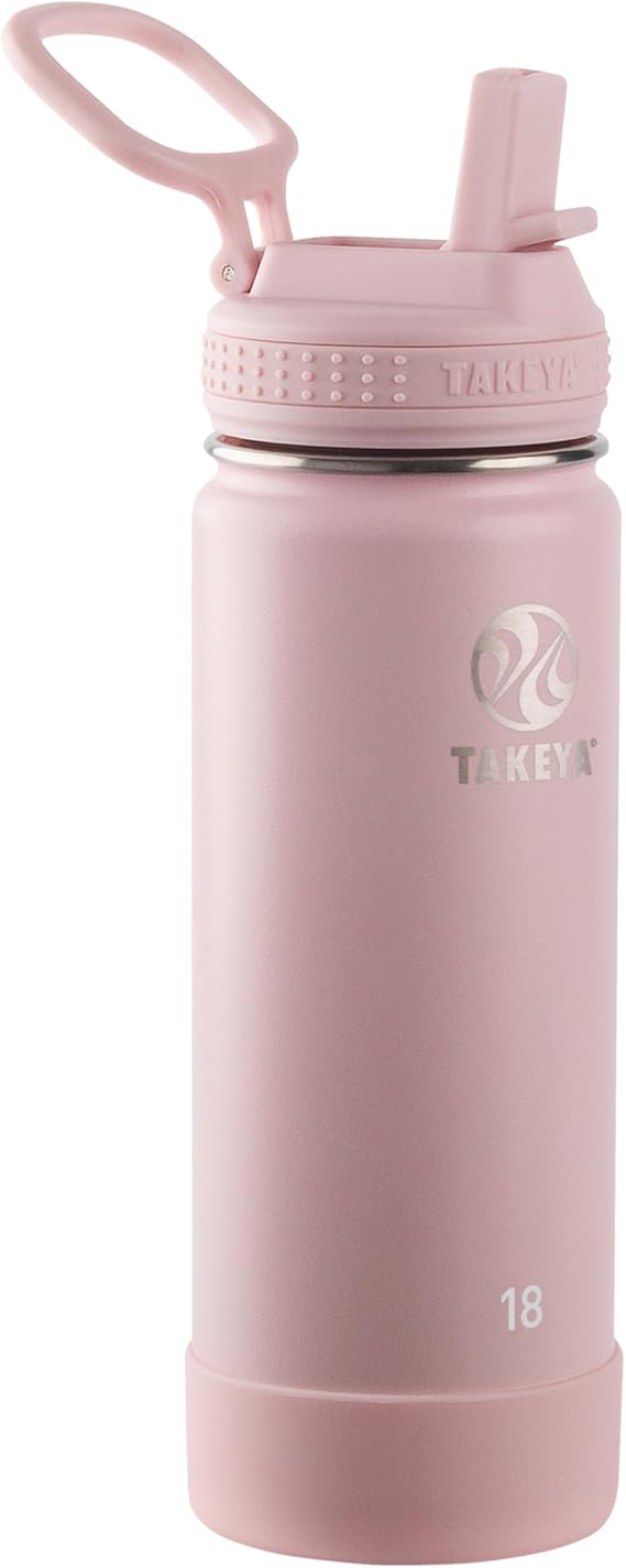 Takeya 18 oz Actives Stainless Steel Water Bottle with Straw Lid Leakproof, Double-Wall Insulated, Keeps Drinks Cold 24 hrs/Hot 12 hrs, BPA-Free, Powder-Coated, Gym & Travel, Blush