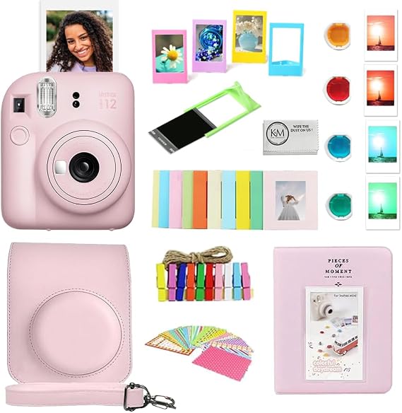 FUJIFILM INSTAX Mini 12 Instant Film Camera | Blossom Pink Bundled with Instax Accessory Bundle + Cleaning Cloth (8 Items)