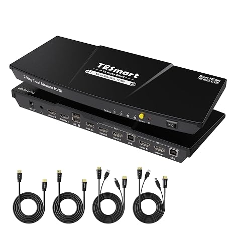 TESmart KVM Switch 2 Monitors 2 Computers 4K@60Hz, HDMI Dual Monitor KVM with USB 2.0 Hub, EDID Emulators, Hotkey/Button Switching, HDCP 2.2, L/R Audio, with All Input Cables