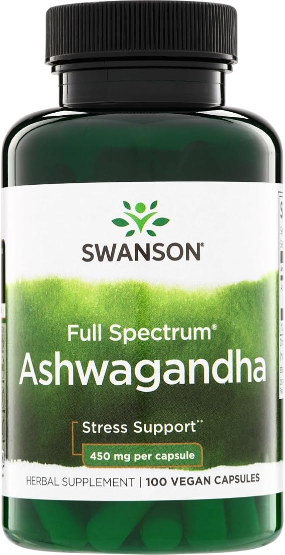 Swanson Full Spectrum Ashwagandha, 450 mg, 100 Vegan Capsules | Herbal Adaptogen Supporting a Healthy Stress Response and Relaxation, Also Aids Immune and Energy, Ayurvedic Indian Ginseng