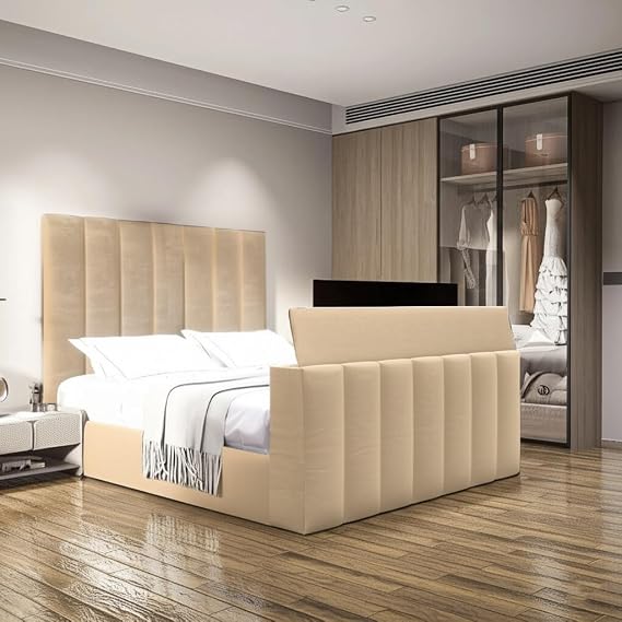 Luxury Velvet TV Bed Frame with Ottoman Storage, Electric TV Lift, Double/King/Super King Sizes, Modern Sleigh Design (Cream, Double)