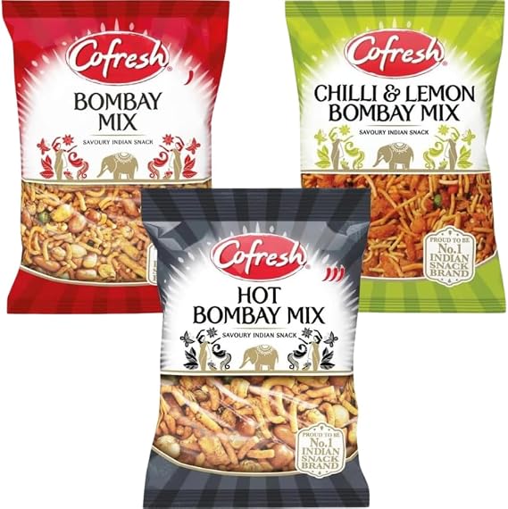 Indian Snack Varieties Bundle with Cofresh Bombay Mix 325g, Chilli & Lemon Bombay Mix 325g, and Hot Bombay Mix 325g - 3 Pack.
