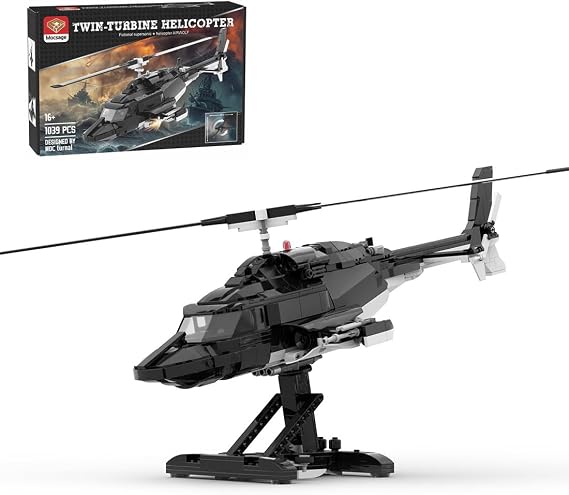Bell 222 Military Helicopter Model with Holder, Collectible Airplane Building Blocks, 1039PCS Airplane Building Model for Teens 16+ to Build and Display