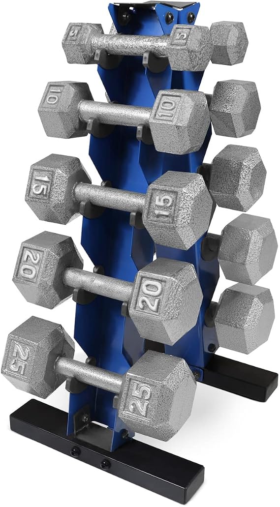 WF Athletic Supply 5-25 Lb Cast Iron Dumbbells Set with A Frame Storage Rack, Solid Gray/Black Hexagon Free Weights for Weight Lifting & Strength Training, Storage Rack Color Options Available
