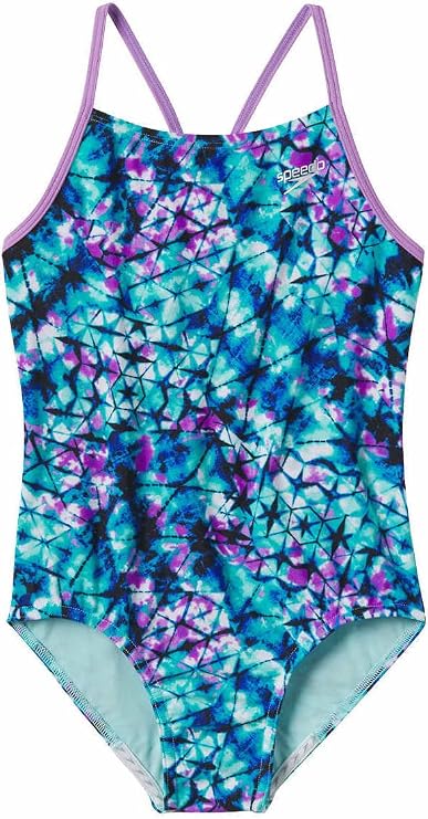 Speedo Girls Thin Strap One Piece Swimsuit (as1, Alpha, x_s, Regular, Deep Aqua/Purple) X-Small