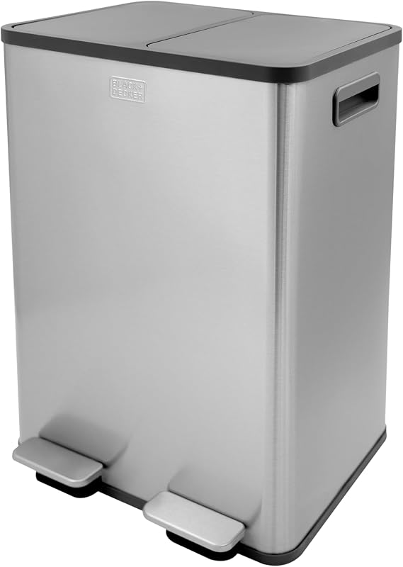 BLACK+DECKER BXBN0003GB Double Recycling Waste Kitchen Bin with Soft Close Lid, Stainless Steel, 60cm x 39.5cm x 34cm, Cool Grey