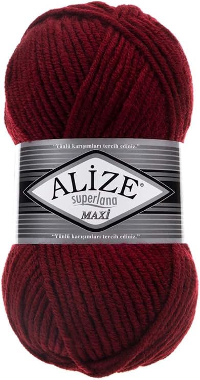 Alize Superlana Maxi 25% Wool - 75% Acrylic Lot of 4 Skein Yarn Thread Crochet Lace Hand Knitting Turkish Yarn 400gr 437 yds Color (57 - Bordeaux)