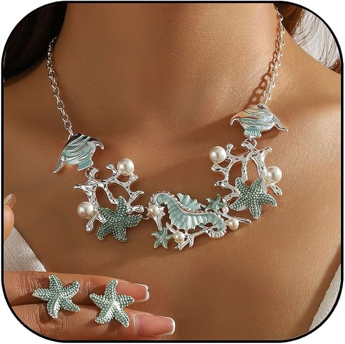 MIFYNN Silver Starfish Necklace Earrings Set for Women Pearl Fish Hippo Coral Necklace Summer Beach Necklace Set Ocean Animal Jewelry Gifts for Women