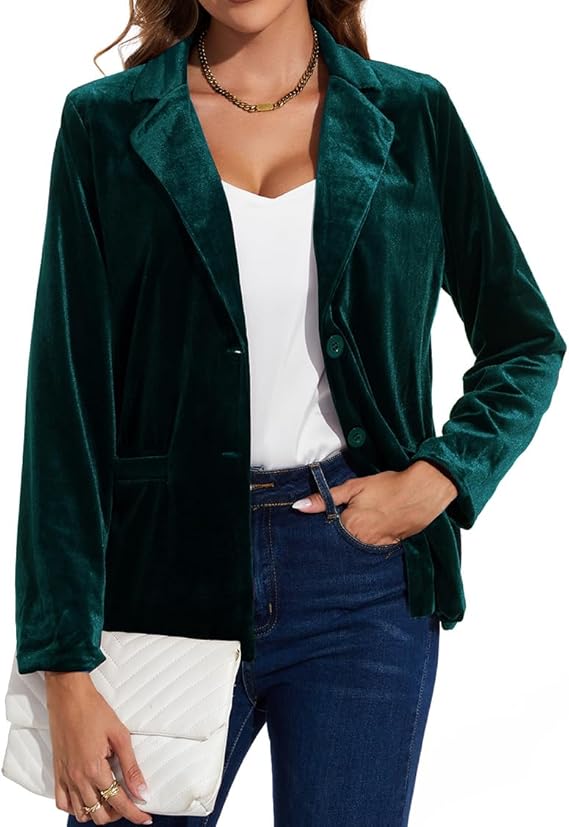 MINTLIMIT Velvet Blazer Jacket for Women Classic Casual Formal Notched Lapel Button Front Cardigan Blazer Tailored Velvet Jacket Coat, 2XL, Dark Green