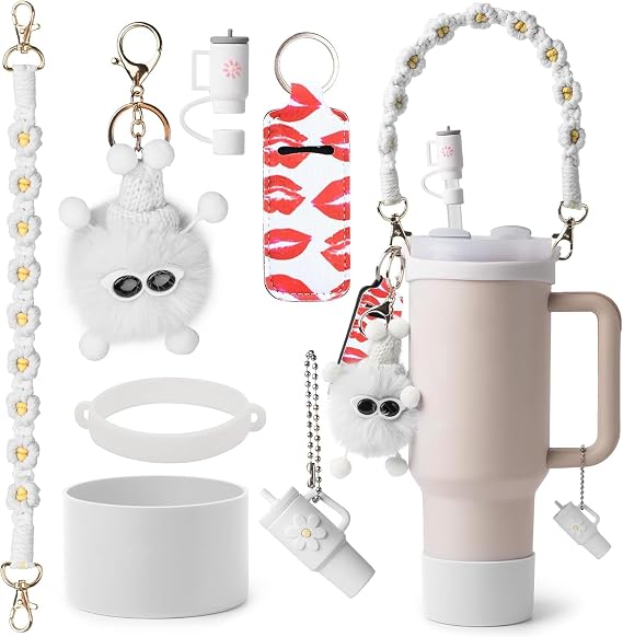7PCS Stanley Cup Accessories Set Including I Water Bottle Handle Strap,Silicone Cup Boot, Keychain Charms & 3 Pcs Handle Charms,Straw Topper Accessories for 40oz & 30oz Stanley Tumbler(Creamy)