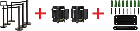RETRACTABLE STANCHION SET, 6 Posts + SignFrame + Replacement Cassettes + Wall Bracket (Black)