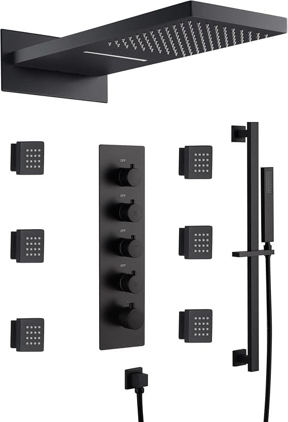 Cascada 9"x22 Wall Mounted LED Shower System with built-in Bluetooth Speakers, 4 function (Rain, Waterfall, body jets & Hand Shower) (Matt Black)
