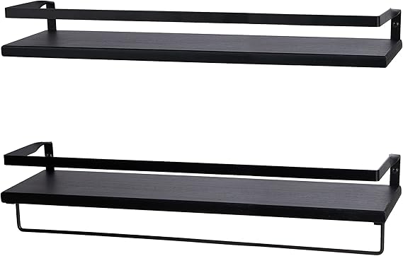 Peter's Goods Floating Wall Shelves with Rail, Large, Modern Black Set of 2 Shelves with Towel Rack Bar Contemporary Design Wall Mounted Wood Shelf for Bathroom, Living Room, Entryway, Game Room