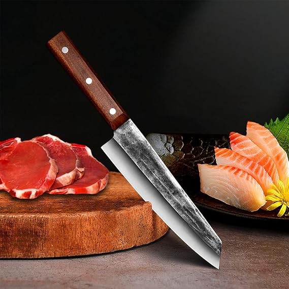 Handmade Forged Kiritsuke Knife,Ultra Sharp Japanese Chef Knife 8 Inch 9Cr18Mov Steel Professional Cooking Knives Octagon Handle Gyuto Knife for Home, Kitchen & Restaurant, Brown/silver