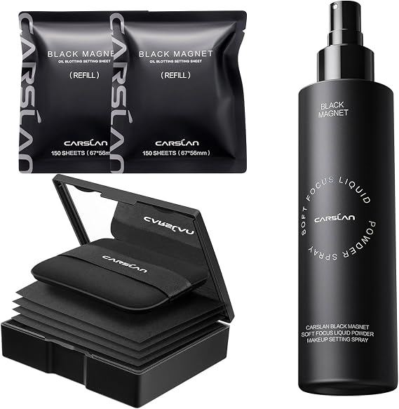 CARSLAN Makeup Blotting Paper with powder, 450 Sheets + 8 Refill Pads Bundle with Black Magnet Liquid Powder Makeup Setting Spray, 100ml/3.4 Fl Oz