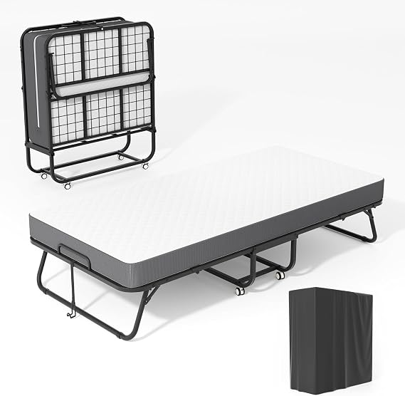 75" x 38" Twin Folding Bed with 5" Memory Foam Mattress Foldable Rollaway Guest Bed with Wheels & Metal Frame, Portable for Apartments, Adults, and Home Use