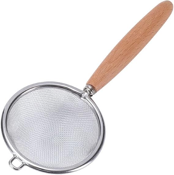 Stainless Steel Colander With Wooden Long Handle Hanging Ear Kitchen Strainer Filter Fine Sieve Sifter Cookware, small