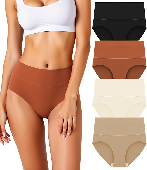Womens High Waisted Underwear Seamless Full Coverage Briefs No Show Stretch Breathable Panties 4 Pack