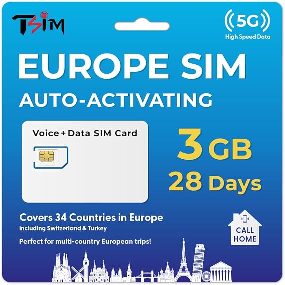 ヨーロッパ旅行用SIMカード CallHome&ホットスポットテザリング付き28Daysホリデー自動アクティブ化5G有効スイス、トルコを含む34か国でローミング3GB