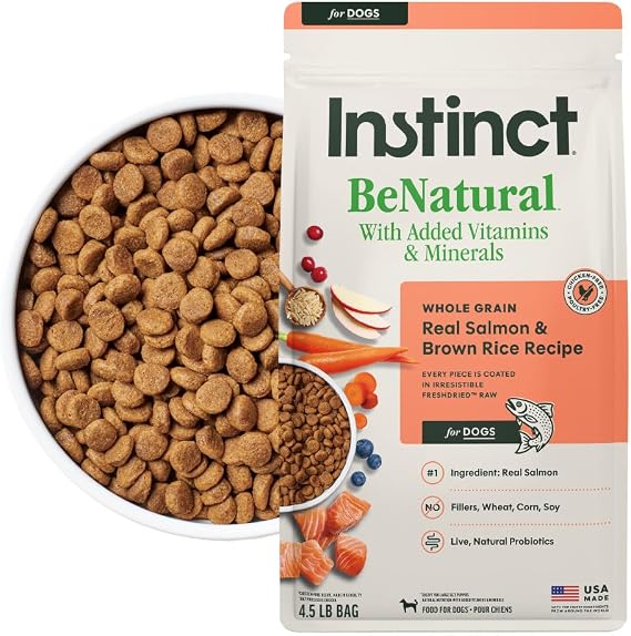 Instinct BeNatural Dry Dog Food, Whole Grain, Salmon & Brown Rice, 4.5 lb. | Raw-coated kibble with real salmon & hearty whole grains, supports healthy digestion, immune health, and skin & coat