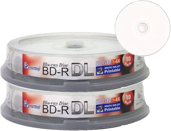 Smartbuy 20-disc 50gb 6X Bd-r Dl White Inkjet Hub Printable Blank Disc | Large Capacity, Dual Layer Double Layer for HD video recording, Full White Surface for Inkjet Printer, Cakebox Spindle Holder