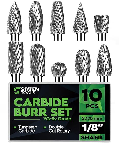 1/8 In Carbide Burr Set 10-Pc Double Cut Die Grinder Bits for Metal
