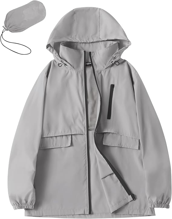 Avoogue Rain Jacket Women with Hooded Lightweight Waterproof Raincoats Packable Zipper Pockets Windbreakers