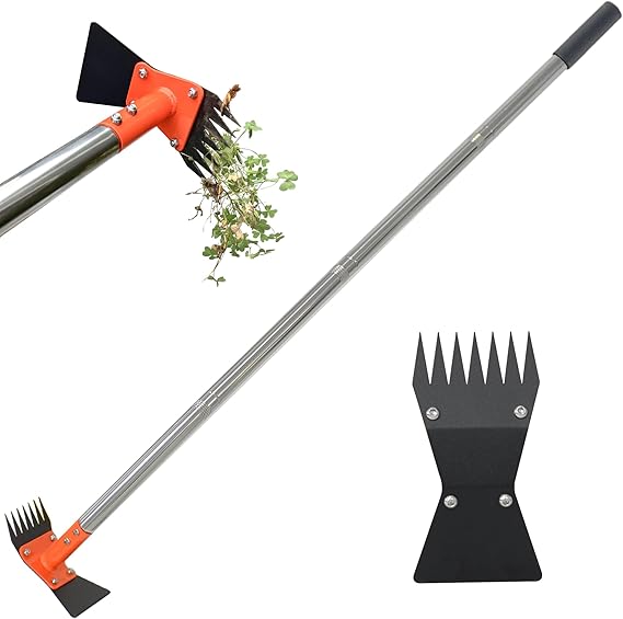 2-in-1 Garden Hoe and Weed Puller Rake 60 Inch Spring Steel Head | Adjustable Long Handle Weeding Tool Heavy Duty Sand Texture Finish, Weed Remover for Garden, Yard, Lawn, Driveway